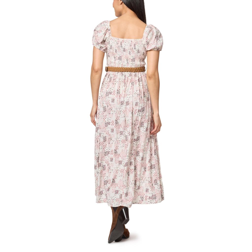 WallFlower Women's Alma Rayon Challis Puff Sleeve Smocked Belted Maxi Dress, Parchment, X-Large