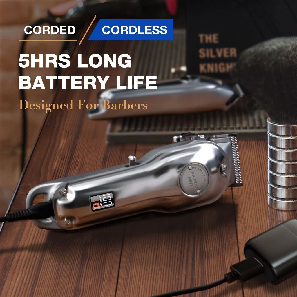 SUPRENT PRO The Silver Knight Professional Hair Clipper & Zero Gap T-Blade Trimmer Combo - Silver