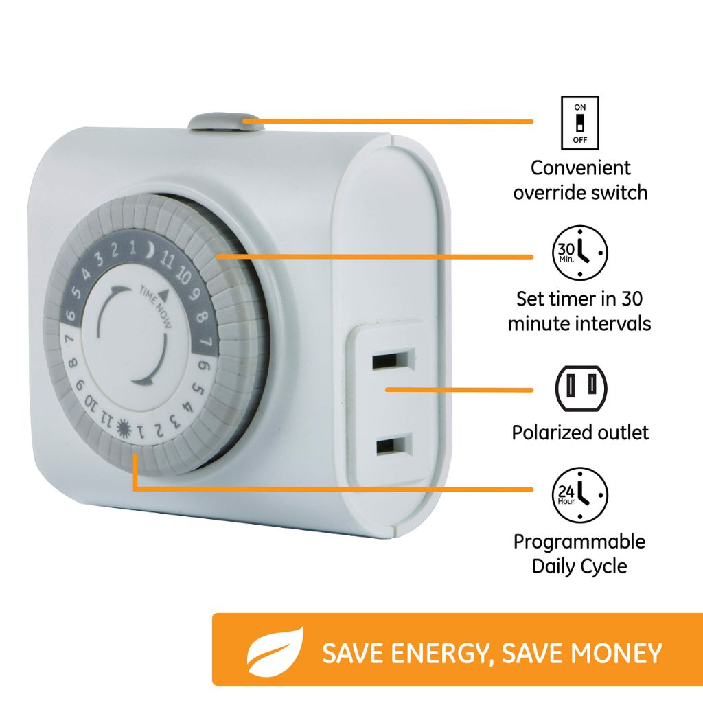 GE 24-Hour Indoor Plug-in Mechanical Outlet Timer, 1 Polarized Outlet
