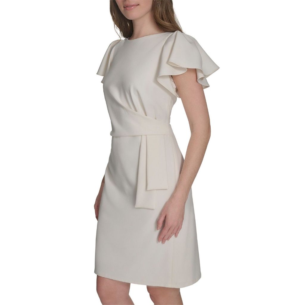 Tommy Hilfiger Womens Flounce Sleeve Side Drape Fully Lined Sheath Dress - Size 6 (White Ivy)