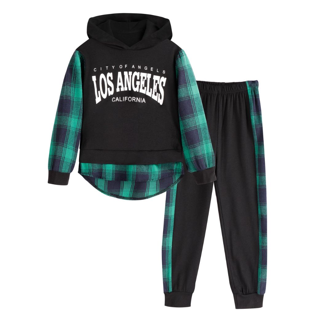 MINITEENICE Boys Plaid Pullover Los Angeles Outfit (2pcs)- size 6-7