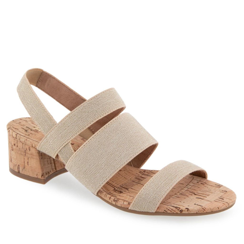 SZ 7WW Aerosoles Women's Chara Elastic Strap Heeled Sandal, Gold Metallic Elastic Fabric/Cork