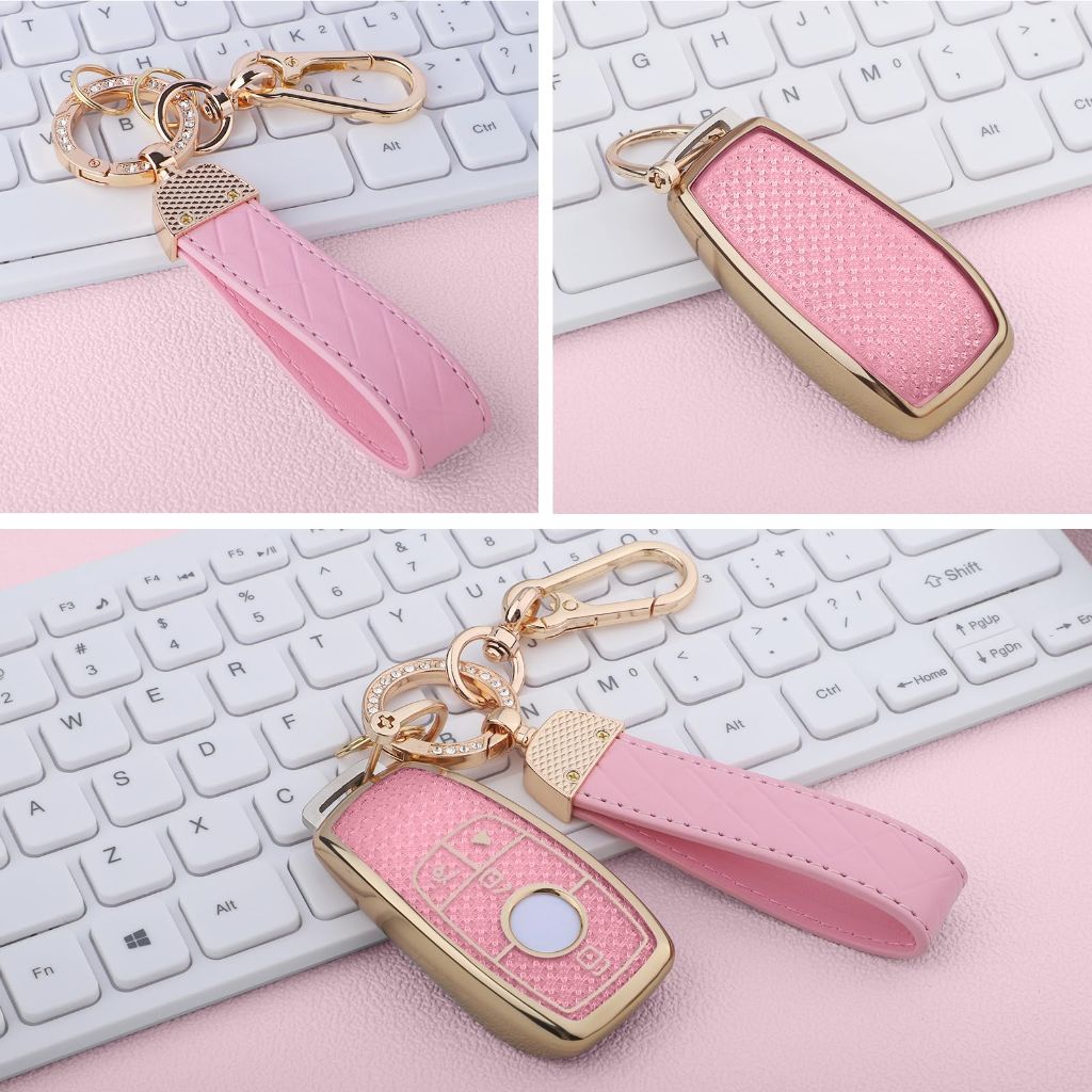 Seedwee for Mercedes Key Fob Cover, 4 Buttons Soft TPU Keys Protector Bling | Gold Pink