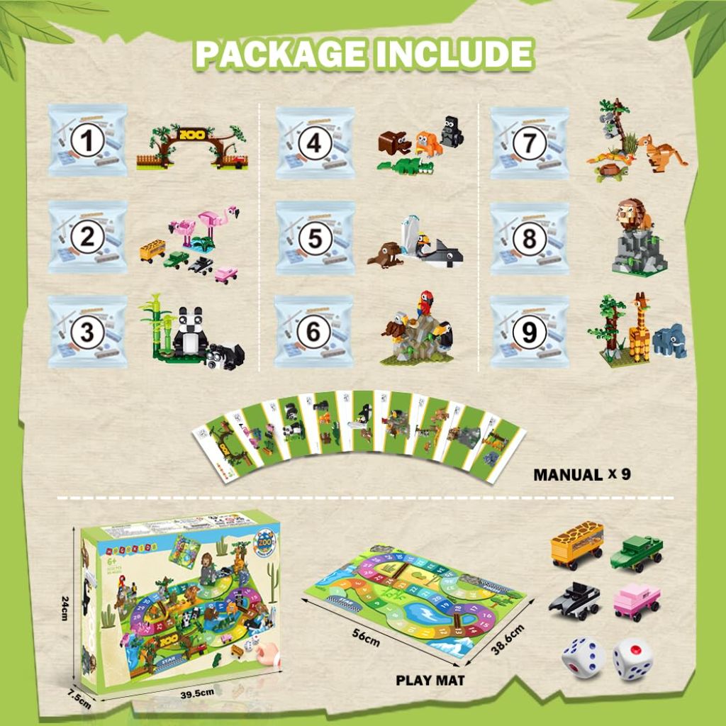 HOGOKIDS 23 Animals Valentines Party Favors for Kids Building Set - 2-in-1 Zoo Scene Board Game with Play Mat, 2 Dice, 4 Animal Cars, Valentines Classroom School Gifts for Kids Boys Girls 6+ Years Old