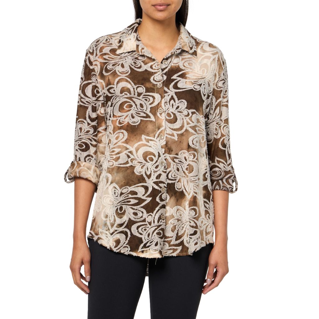Roll Tab Long Sleeves Button Front High-Low Shirt, Multicolor, XL