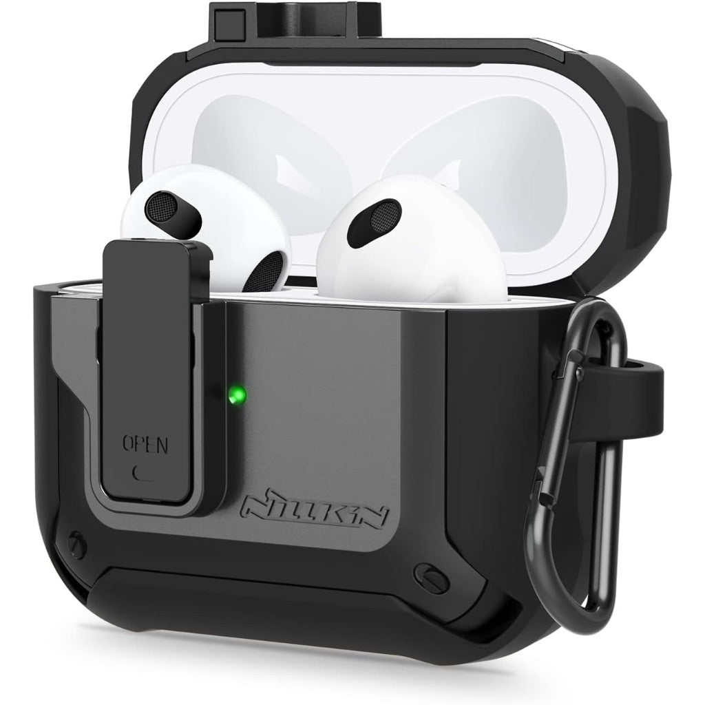 Nillkin for Airpods 3 Case Cover with Secure Lock, One Press Auto Pop,Military Grade Armor Solid, Full-Body Hard Shell Protective Cover with Keychain for AirPod 3rd Generation 2021 case