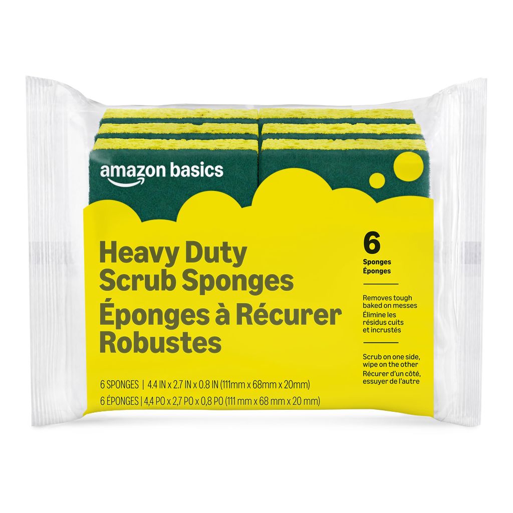 Amazon Basics Heavy Duty Dual-Sided Scrub Sponges - 4.4" x 2.7", Yellow/Green (6ct)
