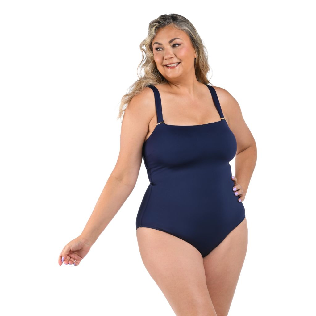 La Blanca Women's One Piece Swimsuit Over The Shoulder Tummy Control Bathing Suit, Indigo//Lb Luxe, 16