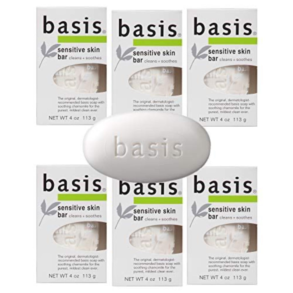 Basis Sensitive Skin Bar Soap - Cleans and Soothes with Chamomile and Aloe Vera  Use as Body Wash or Hand Soap - Pack of 6