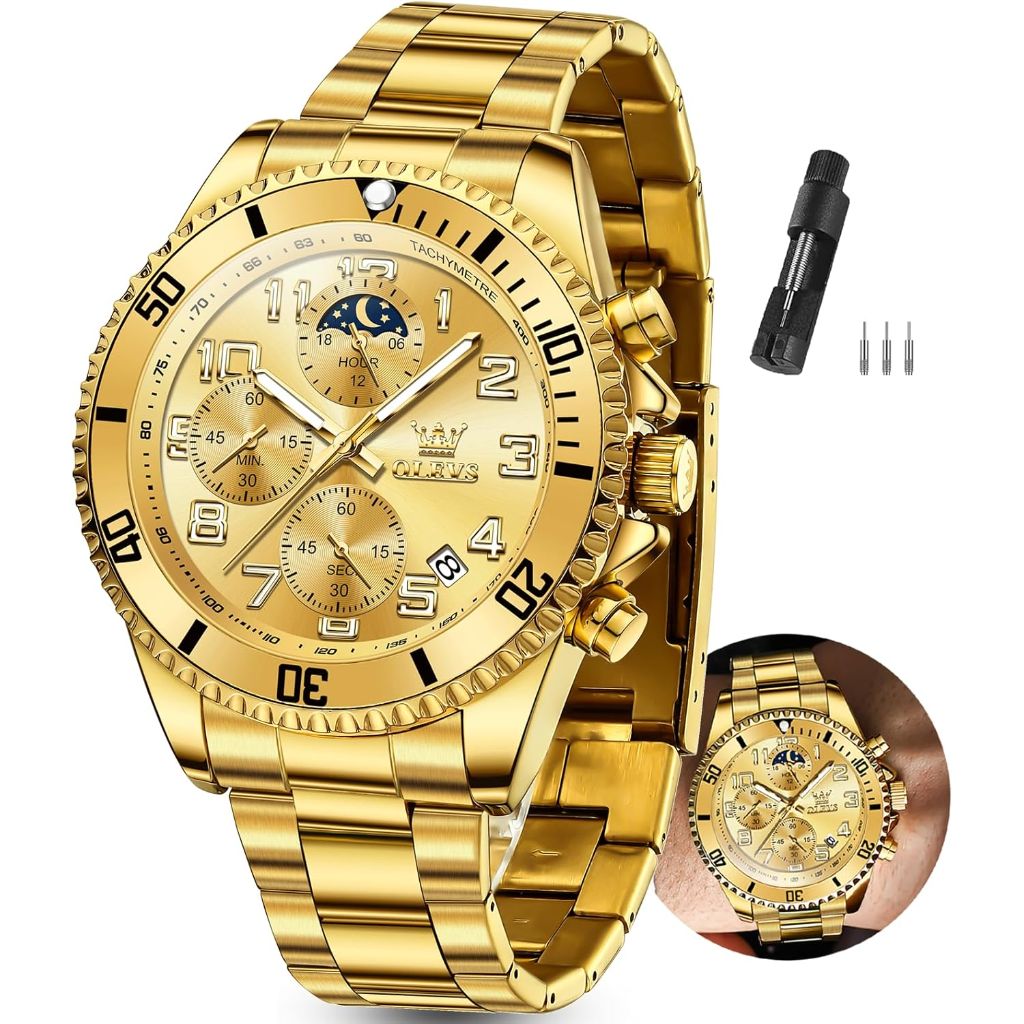 OLEVS Men's Waterproof Luxury Big Face Watch - Stainless Steel, Gold Tone