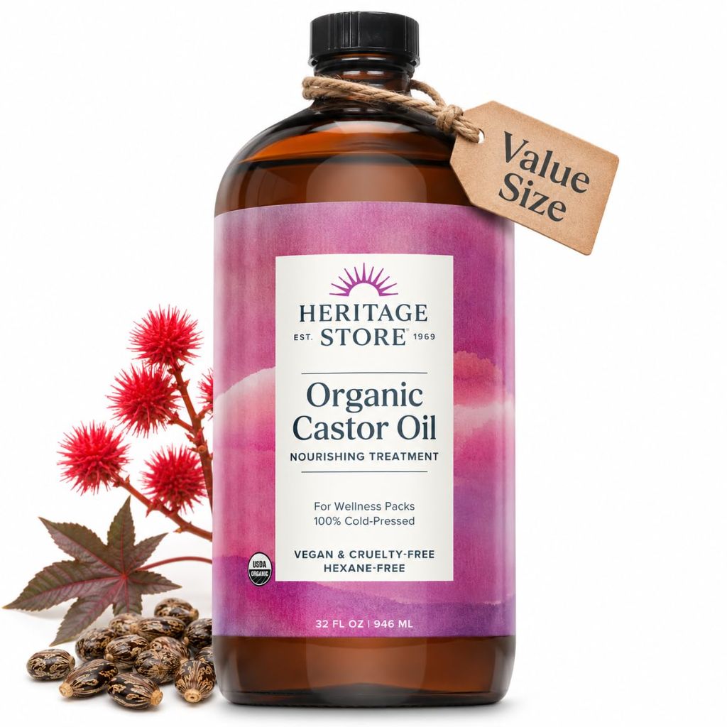 HERITAGE STORE Organic Castor Oil - 32oz Glass Bottle