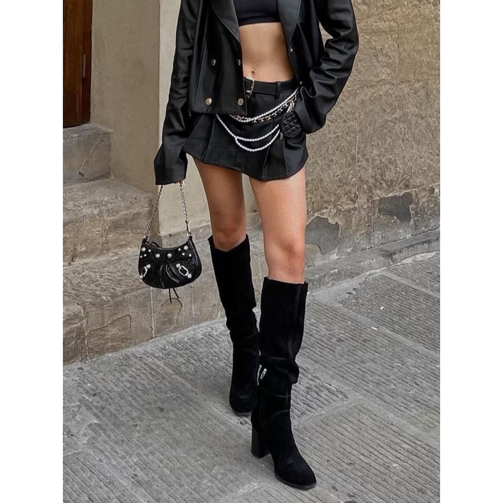 Coutgo Womens Knee High Boots Square Toe Chunky Block Heel Side Zipper Faux Suede Long Boots Fall Winter Shoes, Black, Size 7.5