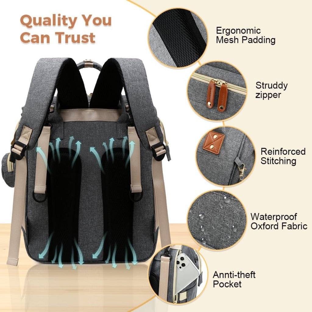 Multifunctional Diaper Bag Backpack, Large Capacity & Waterproof - Dark Gray