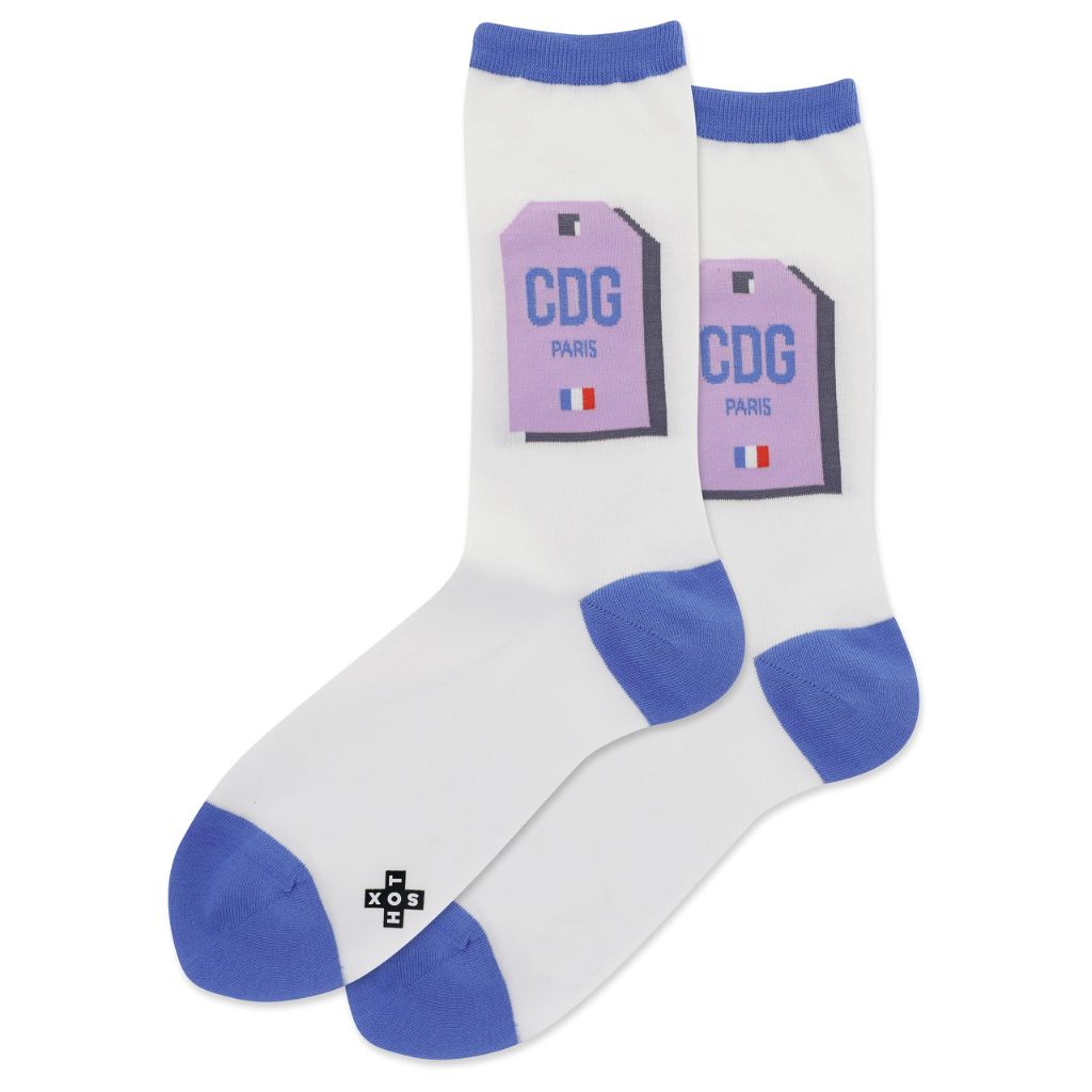 Hot Sox Women's Paris Luggage Tag Crew Socks 1 Pair Pack, White, Women's Shoe Size 4-10