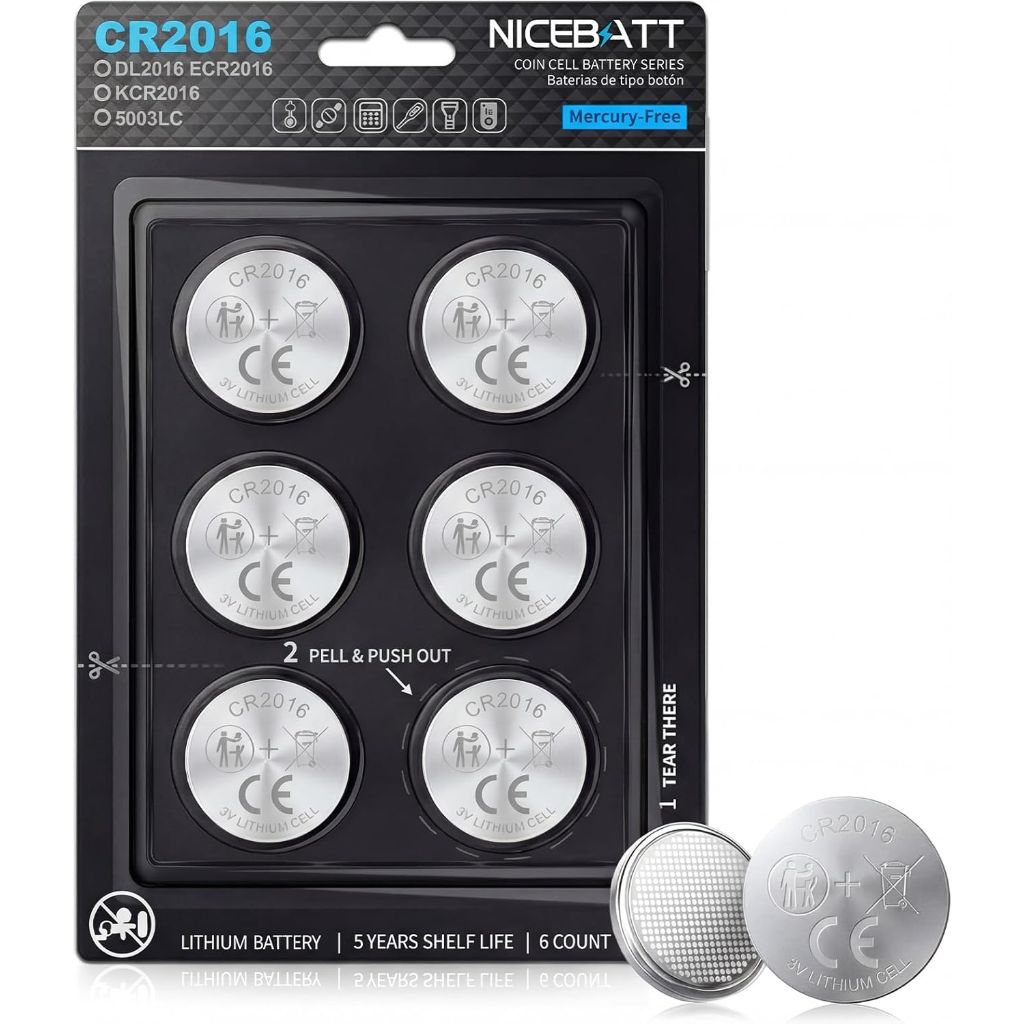 NICEBATT CR2016 3V Lithium Battery 6 Pack, Long Lasting Power for Key Fob, Watch, Calculator and More