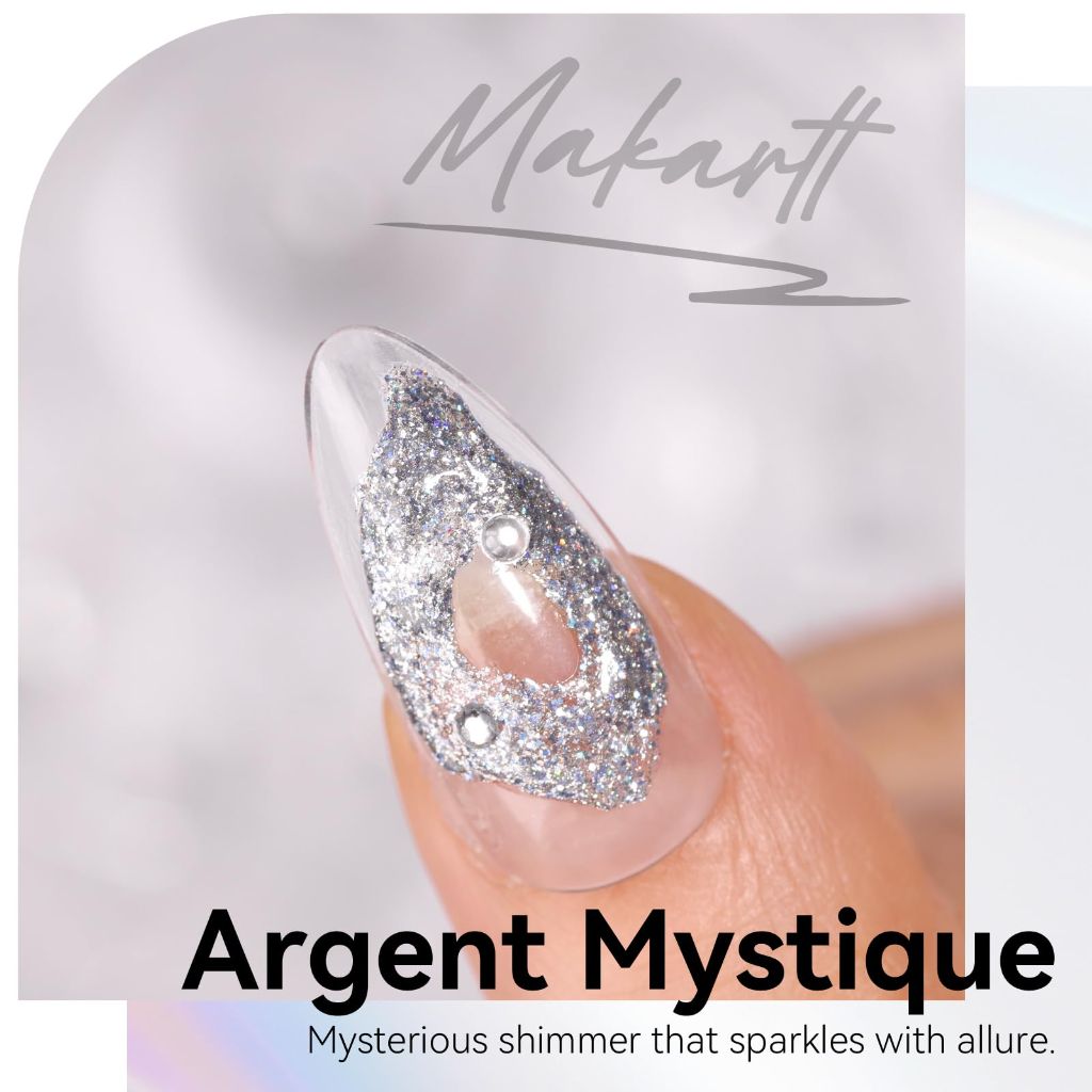 Makartt 3D Nail Gel Sculpting Gel: Argent Mystique Glitter Silver No Wipe UV Nail Gels for Nails Design, 5g Fairy Aurora Powder Gels, Glitter Mermaid 3D Nails Charms