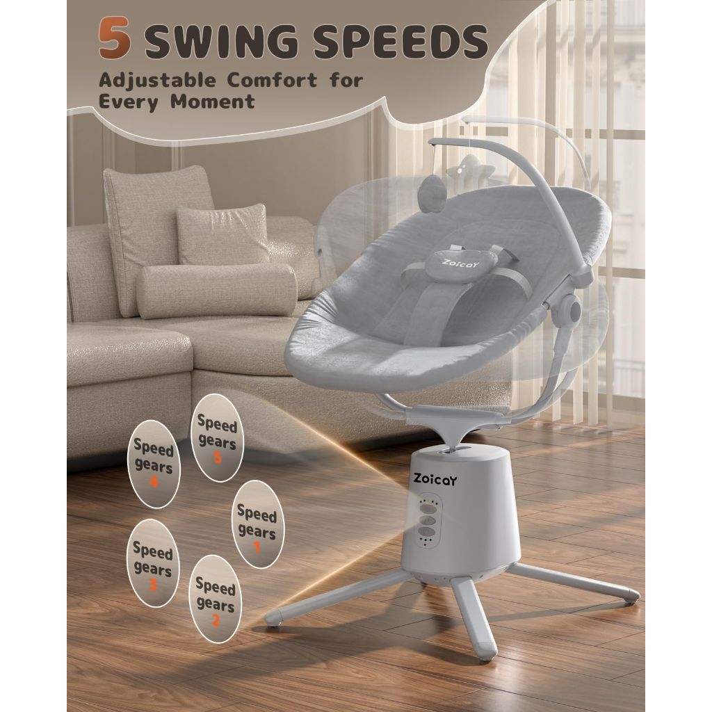 Zoicay Baby Swing,Baby Swings for Infants with 3 Modes & 5 Speeds, BT Enabled App & Remote Control, (Gray)