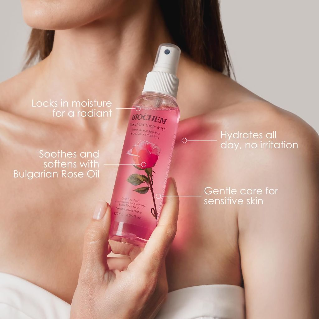 BIOCHEM Rosa Vita Tonic Mist, 3-in-1 Toner, Face Mist & Makeup Finishing Spray (4.05 fl oz)
