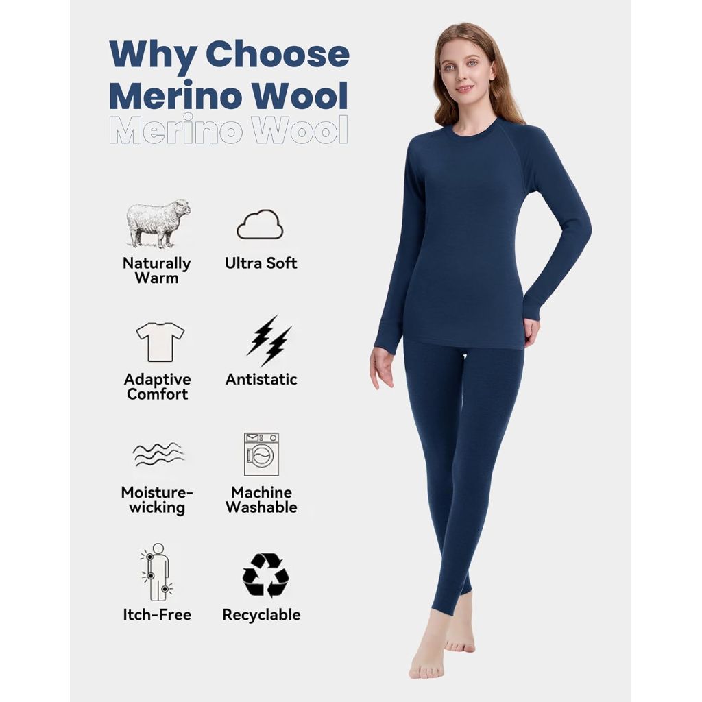 SZ L, Women's 100% Merino Wool Base Layer Sets Lightweight Active Base Layer for Ski | Navy