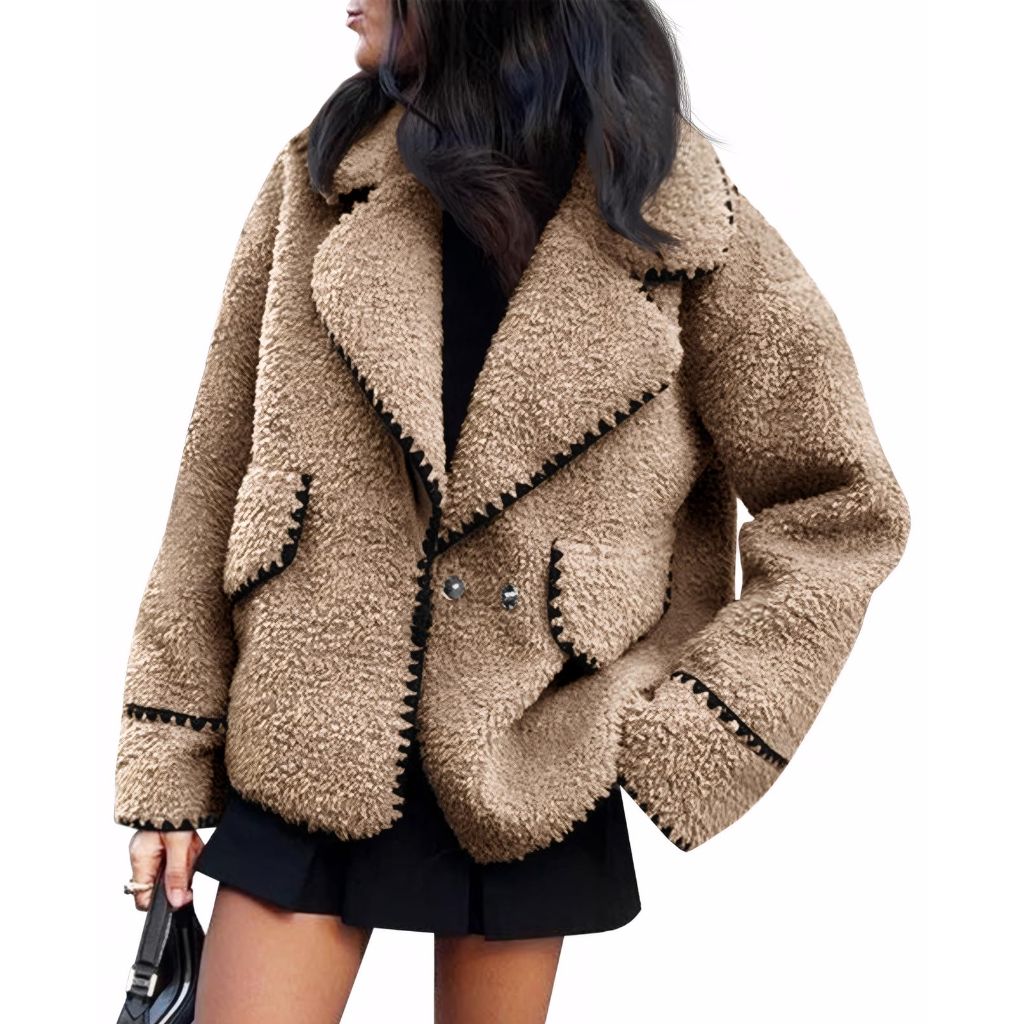 Cicy Bell Womens Sherpa Fleece Jacket Casual Collar V Neck Fuzzy Coats Contrast Trims Open Front Winter Outwear