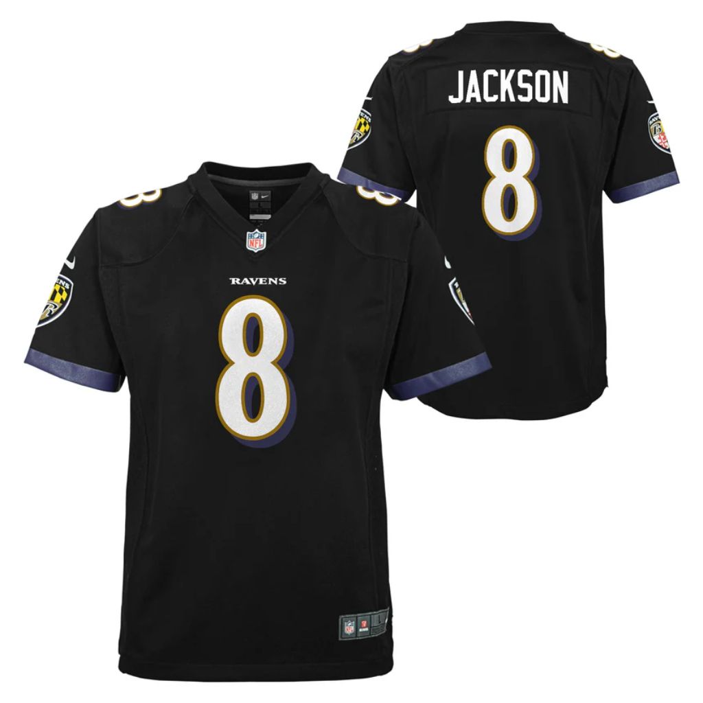SZ M, Nike Lamar Jackson Baltimore Ravens Youth Game Jersey - Black