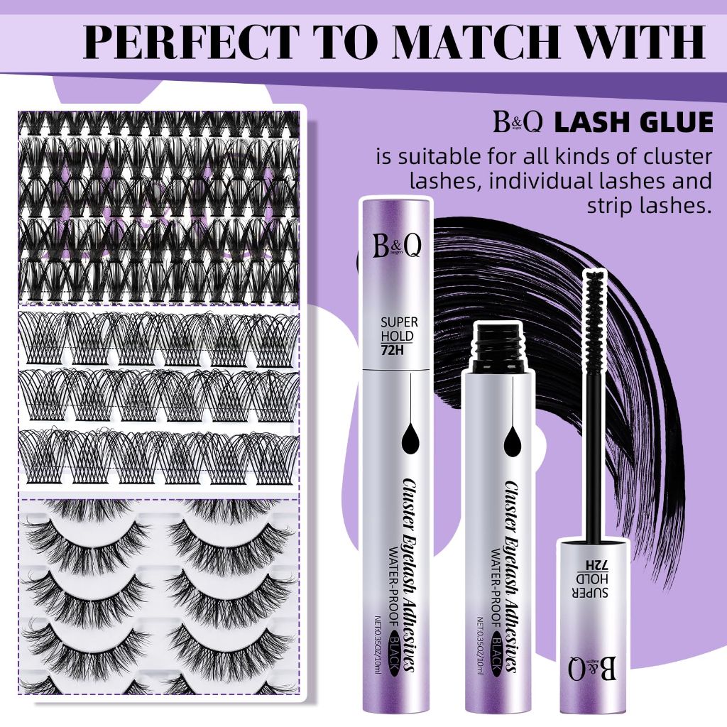 B&Qaugen Lash Cluster Glue Precise Brush Tip Applicator Strong Hold Waterproof Lash Glue (Black,10ML)