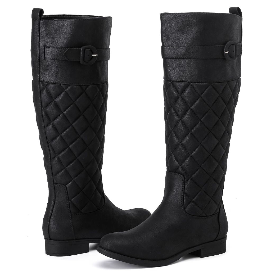 Ruiee Women's Knee High Boots - Wide Calf Comfortable Round Toe Riding Combat Tall Boots  Black,size8.5