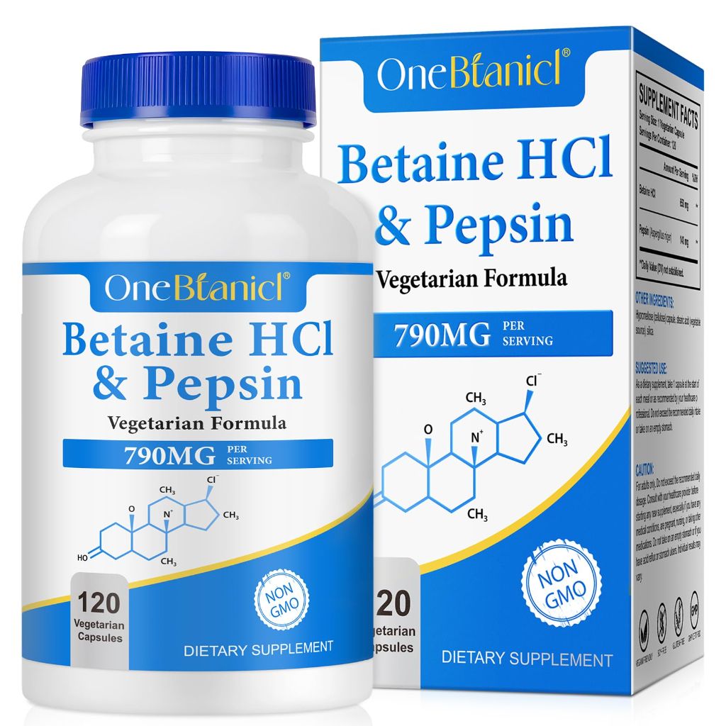 OneBtanicl Betaine HCl with Pepsin Digestive Enzymes Supplement, 120 Capsules, 790mg per capsule