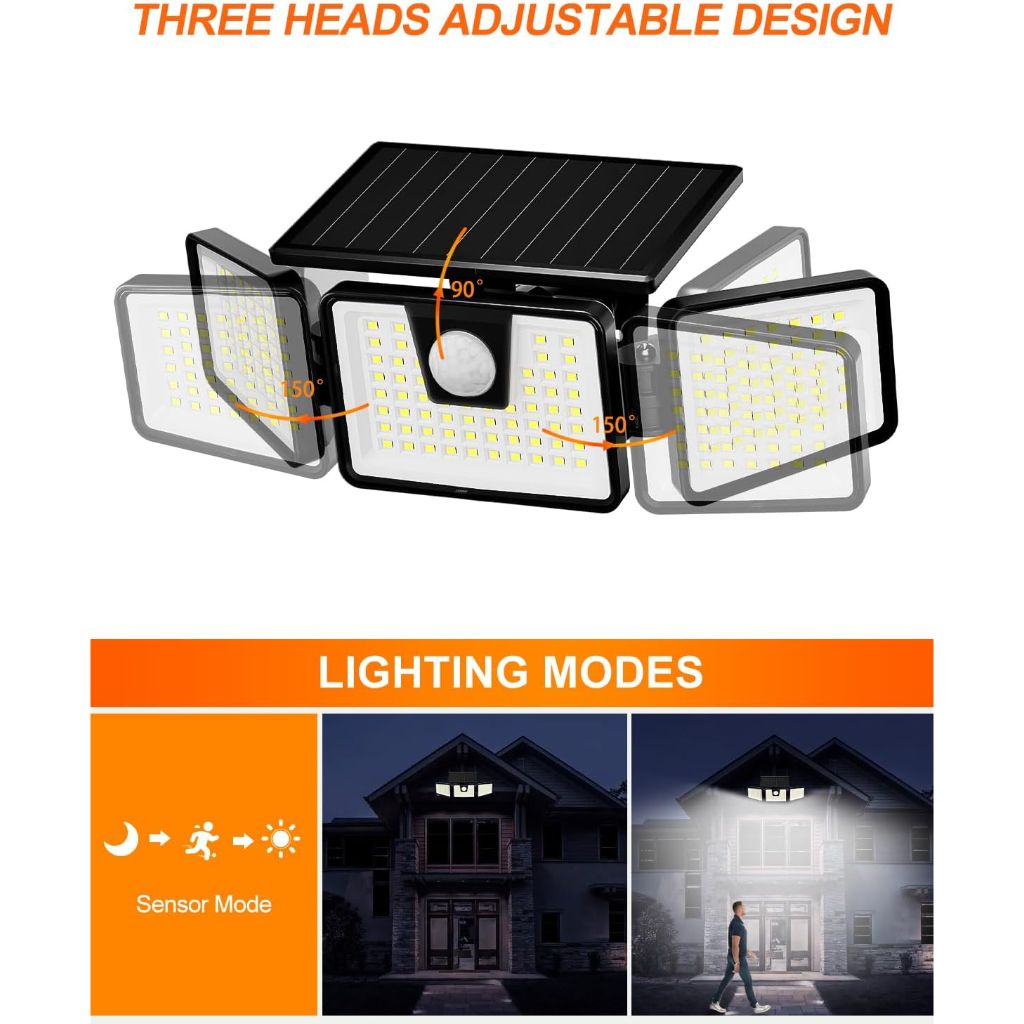 INCX Solar Lights Outdoor Waterproof, 3000 LM 156 LED Motion Sensor Outdoor Lights, 3 Heads Solar Powered Security Flood Light Motion Detected Spotlight for Patio Garage Yard Entryways, 2 Pack Black
