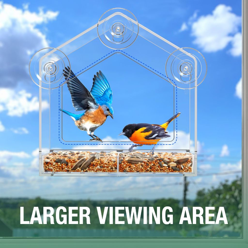 Window Bird Feeder, Suction Cup Window Birdfeeder for 6.8" Larger Viewing, Squirrel-Proof Strong Suction Cup Bird Feeder w/Self-Adhesive for Cats Outdoors