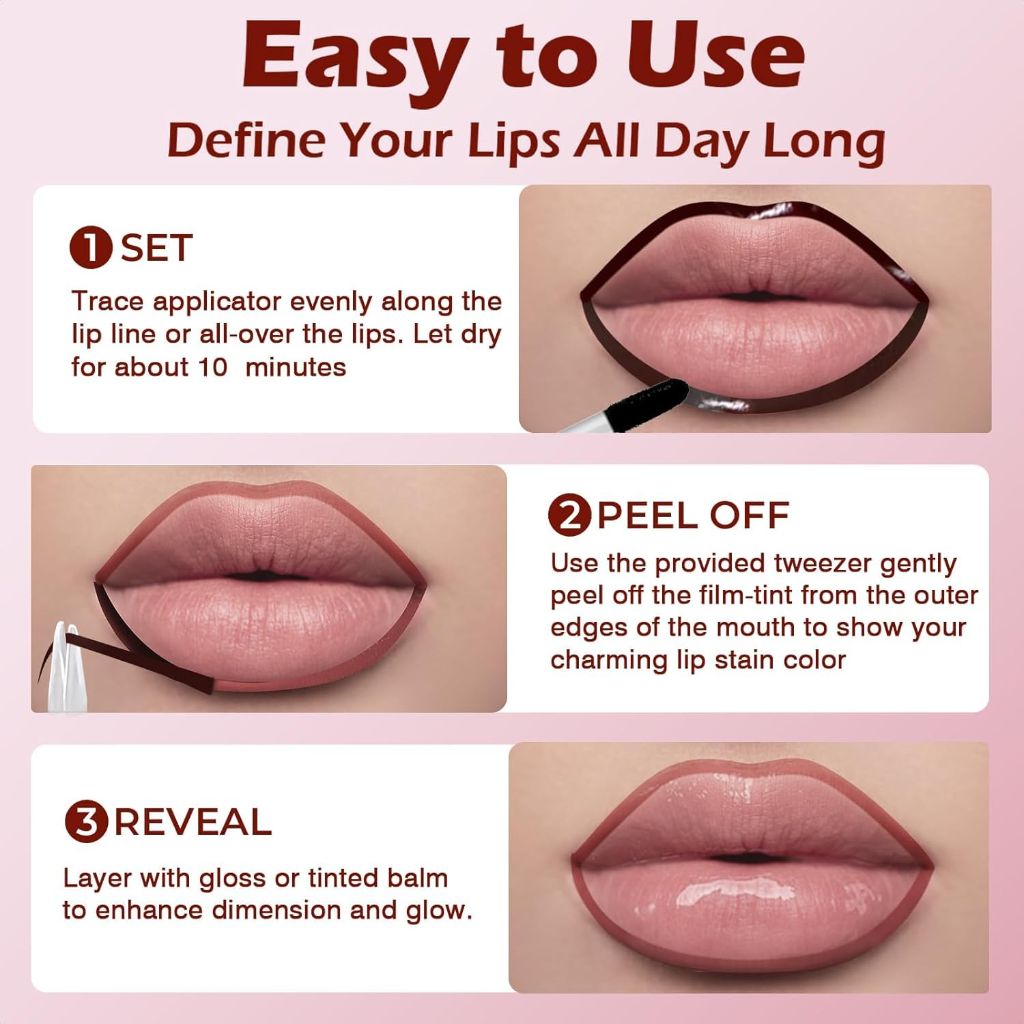 QCMME Lip Liner Stain Peel Off with Tweezer, Long Lasting Matte Lip Tattoo | #07