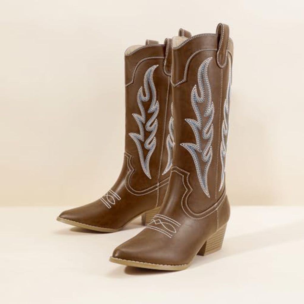 IDIFU IN2 Cowboy Boots for Women Mid Calf Cowgirl Boots Embroidered Western Boots Chunky Low Heel Pointed Toe Country Boots Cute Fashion Booties for Women Dress Wedding Heeled Boots 8.5