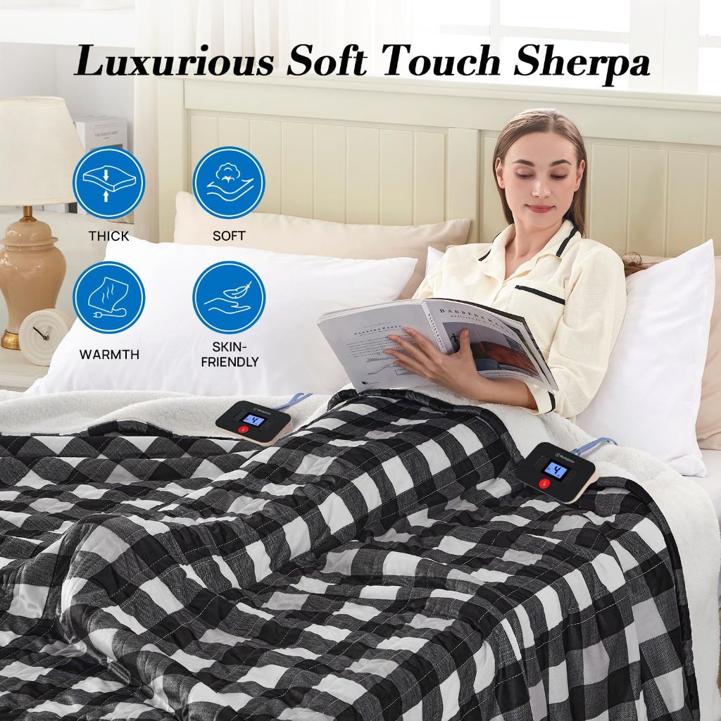 Westinghouse Electric Blanket Queen Size, 10 Heating Levels & 1 to 12 Hours Auto-Off, Machine Washable, Black