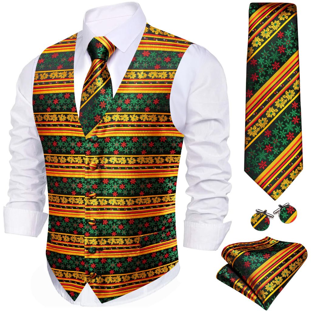 Barry.Wang Mens Red/Green Christmas Suit Vest Holiday Xmas Waistcoat Tie Set Party Tuxedo
