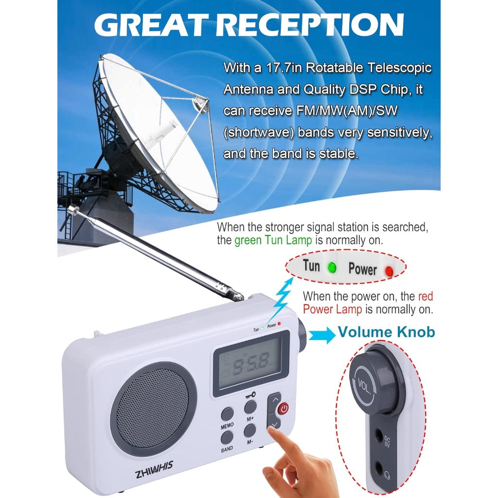 Portable AM/FM Radio, Battery-Op Shortwave Digital Tuner with Clock, Sleep Timer, Preset Function ZWS-8801