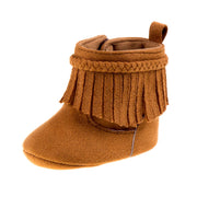 Josmo Baby Girls Fringe Boots Soft Suede Moccasin Crib Shoes Tassel Design Cozy First Walking Boots Tan Size 3 Infant