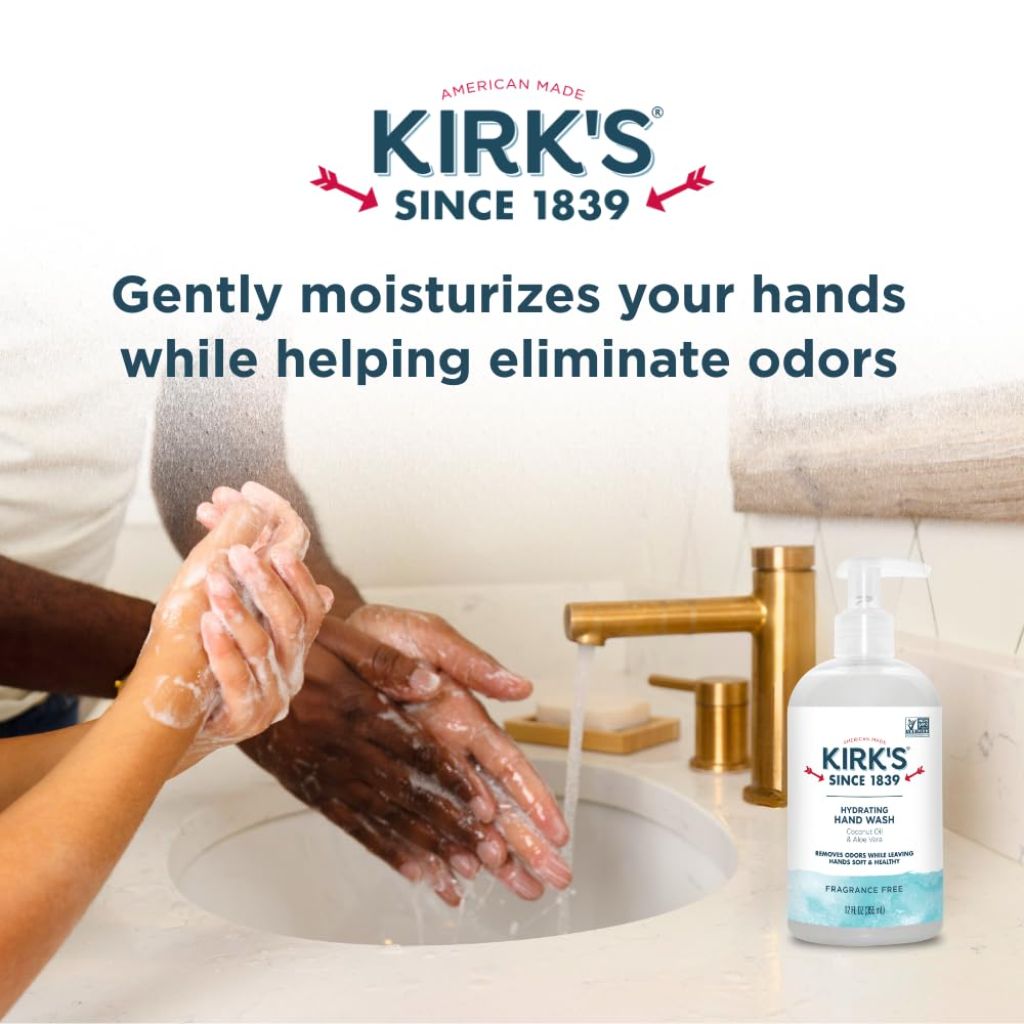 Kirk's Hydrating Hand Wash - Made with Coconut Oil and Aloe Vera, Fragrance Free, 12 Fl Oz.