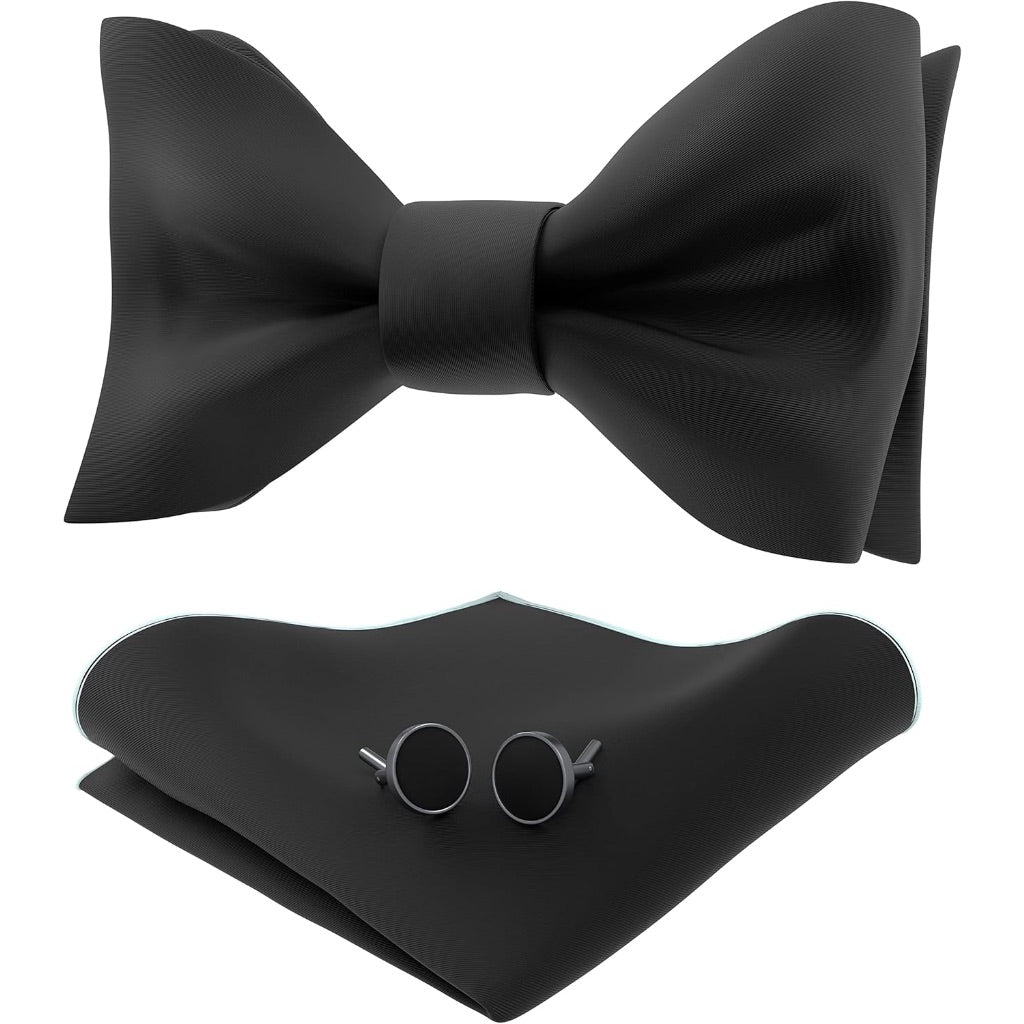 Adam Young Men's Self Tie Bow Tie w/Pocket Square & Cufflinks - Black Semi-Glossy Satin