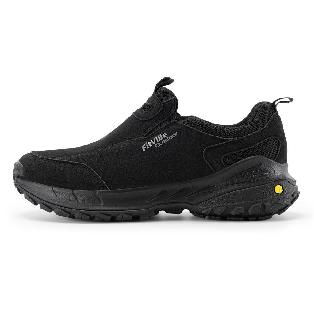 FitVille Hiking Walking Shoes for Men with Arch Support | Slip Resistant Trekking Loafer - Wide Toe Box (Black, 10 X-Wide)