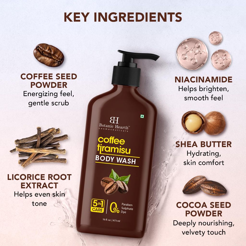 Botanic Hearth Coffee Tiramisu Body Wash – 5-in-1 Nourishing Cleanser with Invigorating Coffee Aroma – 16 fl oz