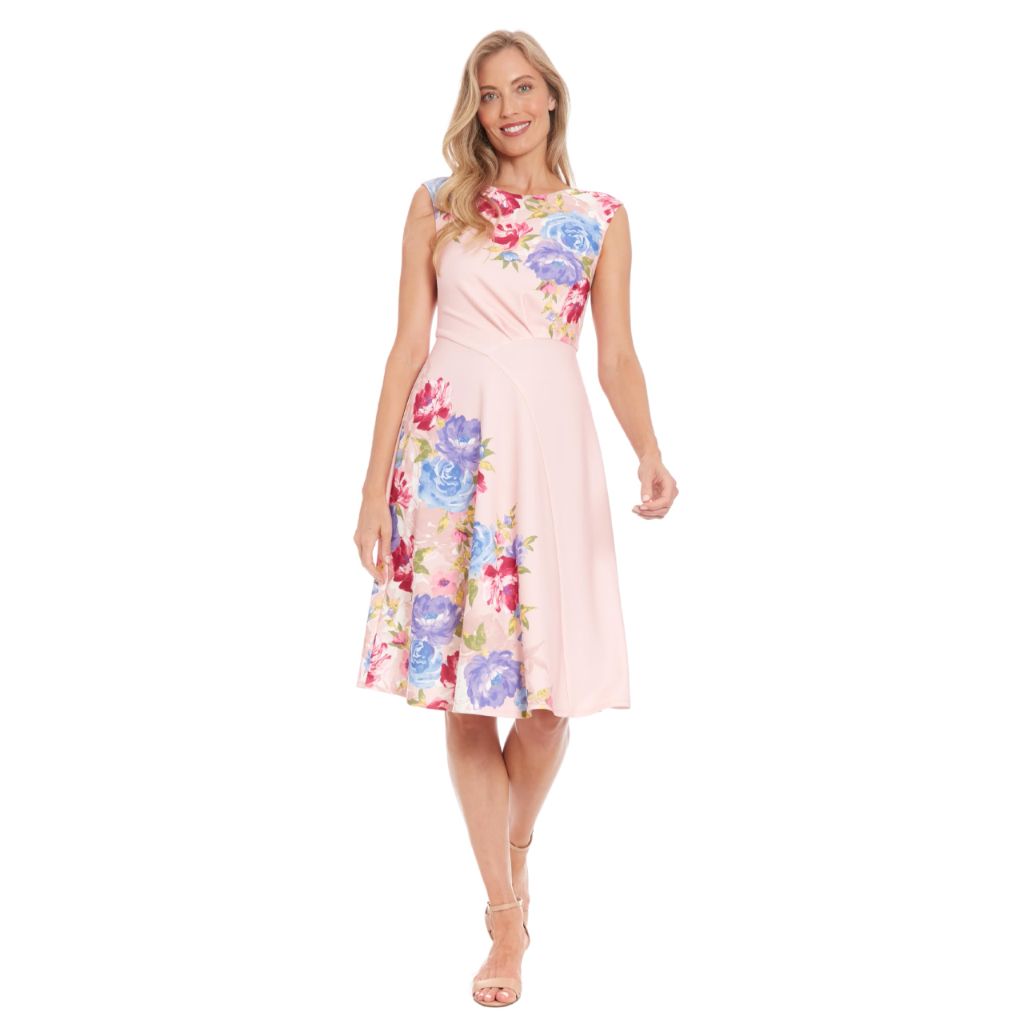 London Times Women's Dresses Women's Fit & Flare Midi Dress with Cap Sleeves - Shell Pink/Peony Pink, 10