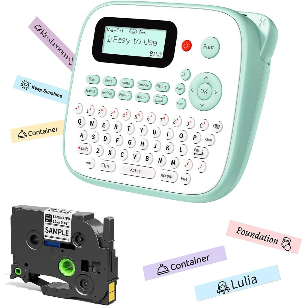 Desktop Label Maker Machine Labels- D210S with Tape-12mm 0.47 Laminated White - Green