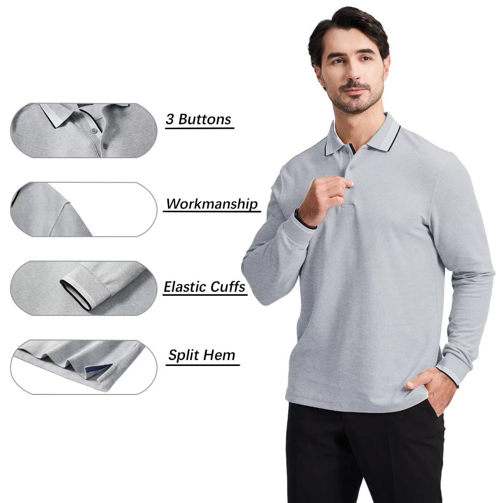 Men's Long Sleeve Polo Shirts with Tipped Collar, 3XL, Light Grey
