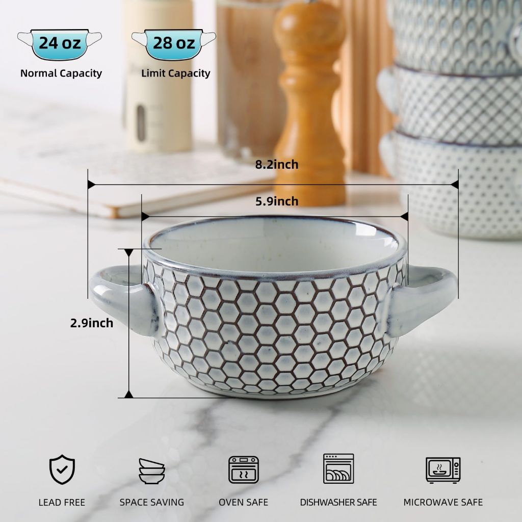 MONITO 28 Ounce French Onion Soup Bowls, 4PCS Reactive Glaze Ceramic Bowls with Handles, Stackable Soup Crocks, Oven/Microwave/Dishwasher Safe, for Cereal, Pasta, Chilli, Beef Stew, White-blue
