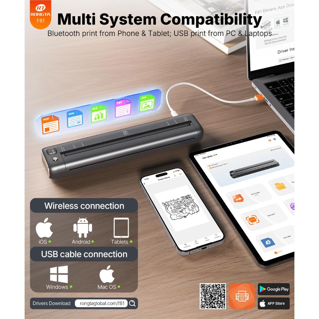 Rongta Portable Printer Bluetooth Inkless Thermal  for 8.5" x 11" US Letter & A4 Size (Gray)