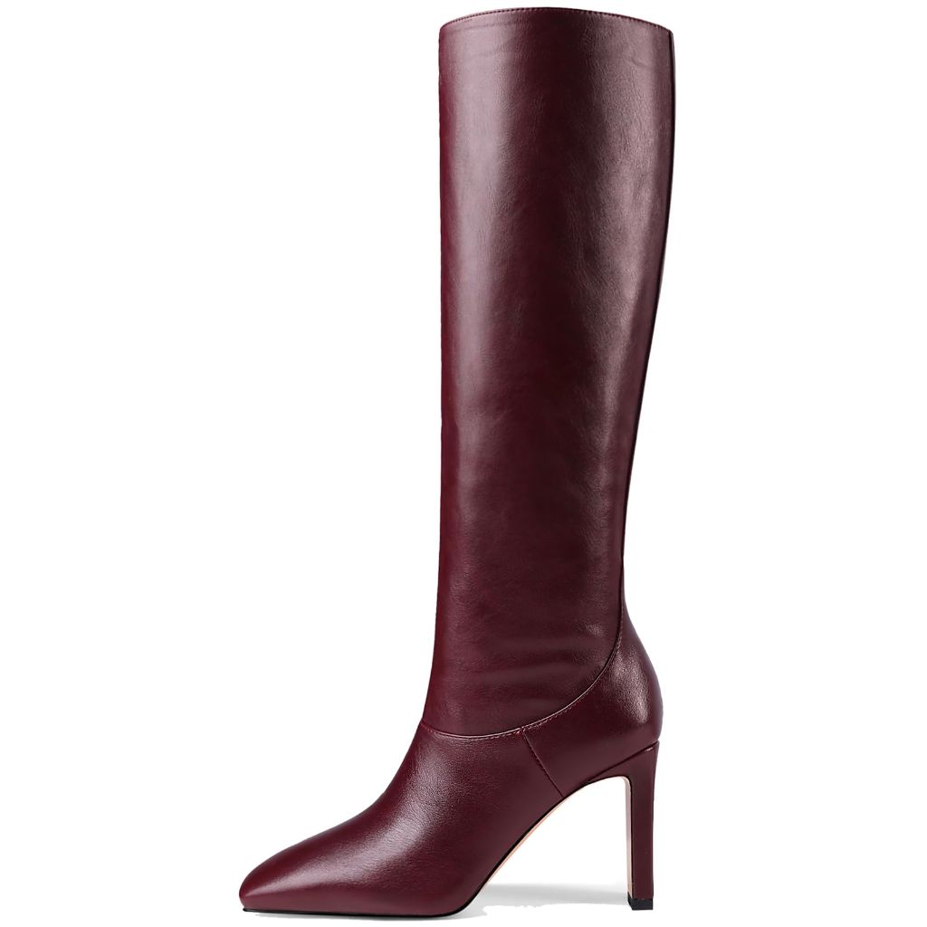 YIYA Women's Burgundy Cherry Red Knee High Boots for Fall Square Toe Chunky High Heels Dark Red Long Boots Pull On
