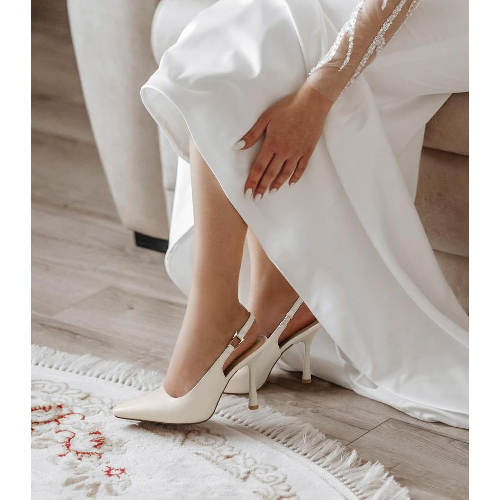 Ankis Slingback Kitten Heels for Women Closed Pointed Toe High Heel - White , 9.5