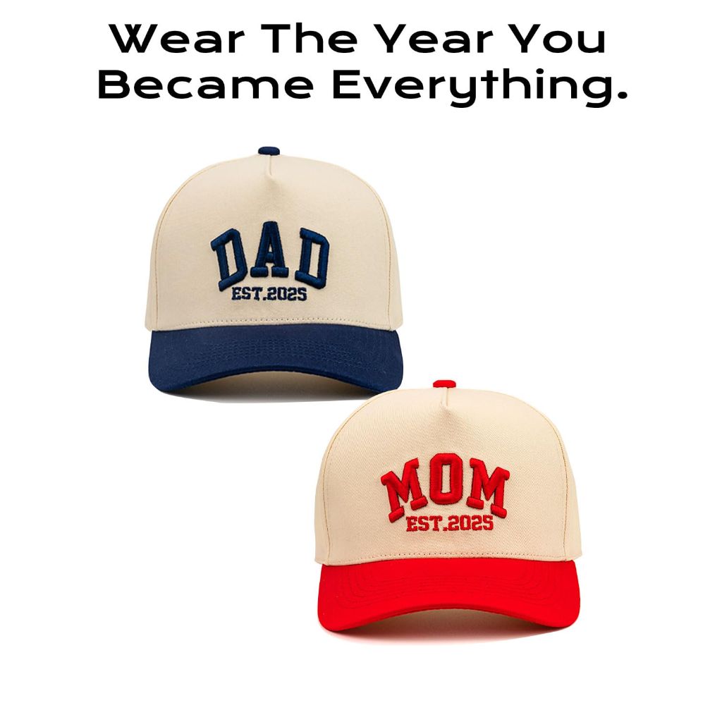 Giftaroo Mom and Dad Hats Set - Embroidered Trucker Caps for New First Time Parents - EST 2027 Keepsake Gift