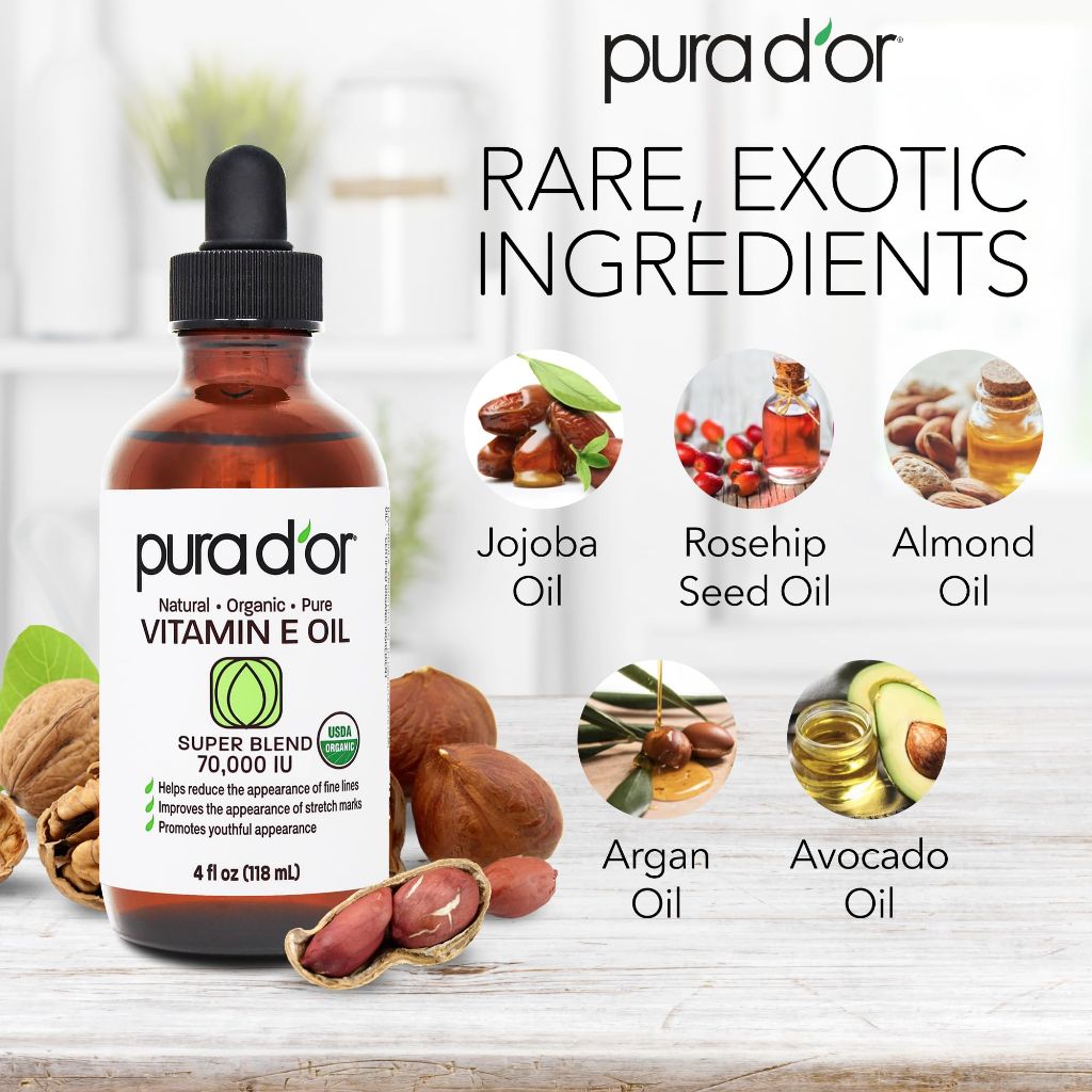 PURA D'OR Organic Vitamin E Oil 70,000 IU for Face, Body, Hair, & Bath - 4 fl. oz.