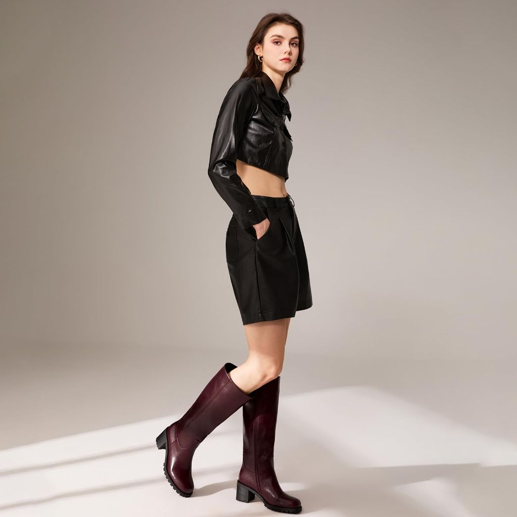 ISNOM Burgundy Knee High Boots for Women Square Toe Block Heel Riding Boots with Chunky Non-Slip Lug Sole Side Zipper Comfortable Campus Platform Tall Boot (Burgundy Size6)